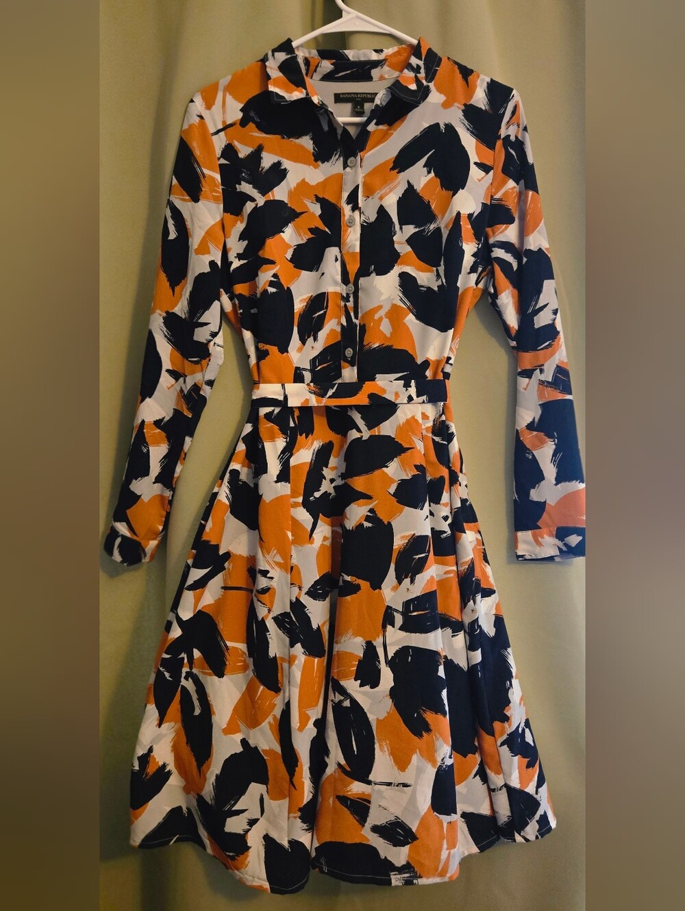 Banana Republic Orange, Navy & White Long-Sleeve Shirt Dress